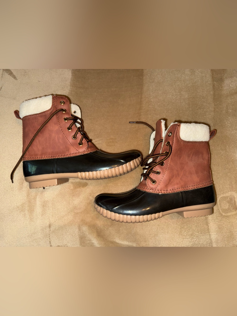 Yoki Two-Tone Brown and Black Lace-Up Winter Duck Boots